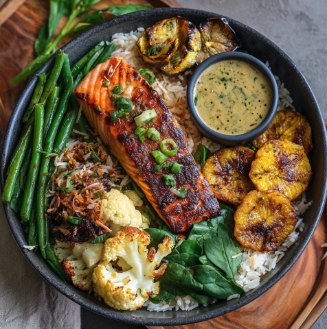 Caribbean Bowl with Ginger-Tamarind Salmon, Coconut Brown Rice, Plantain, Spinach, Green Beans, Cauliflower, Japanese Eggplant, Coconut, Scallion, Coconut Lime Sauce
