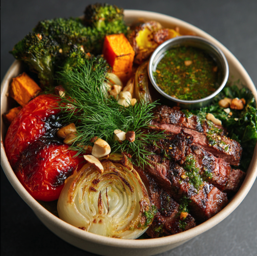 Strength & Recovery Bowl with Paprika Steak, Sweet Potato, Broccoli Rabe, Roasted Onion, Roasted Tomato, Fennel, Parsley, Dill, Almonds, and a Charred Scallion–Herb Sauce