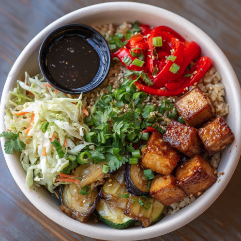Five Spice Bowl with Sesame Tamari Tofu, Brown Rice, Japanese Eggplant, Red peppers, Zucchini, Cabbage, Cilantro, Green Onions, Sesame, Tamari–Five Spice Vinaigrette
