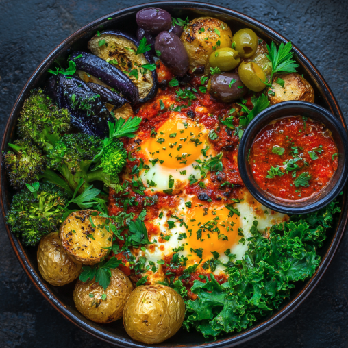 For Pros: Red Shakshuka Bowl with Shakshuka Eggs, Thyme Roasted Gold Potatoes, Roasted Eggplant, Steamed Kale, Roasted Broccoli, Fresh Parsley, Olives, Shakshuka Sauce