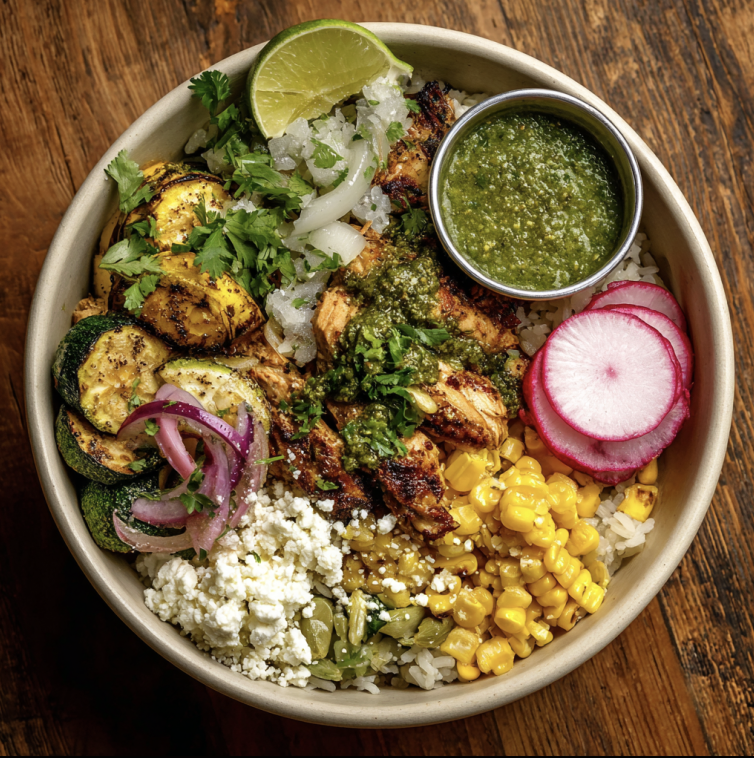 Verde Vitality Bowl with Mole Verde Chicken, Cilantro Lime Rice, Zucchini, Poblano Pepper, Corn, Romaine, Radish, Pickled Red Onion, Cilantro, Cotija Cheese, Pumpkin Seed, Mole Verde Sauce