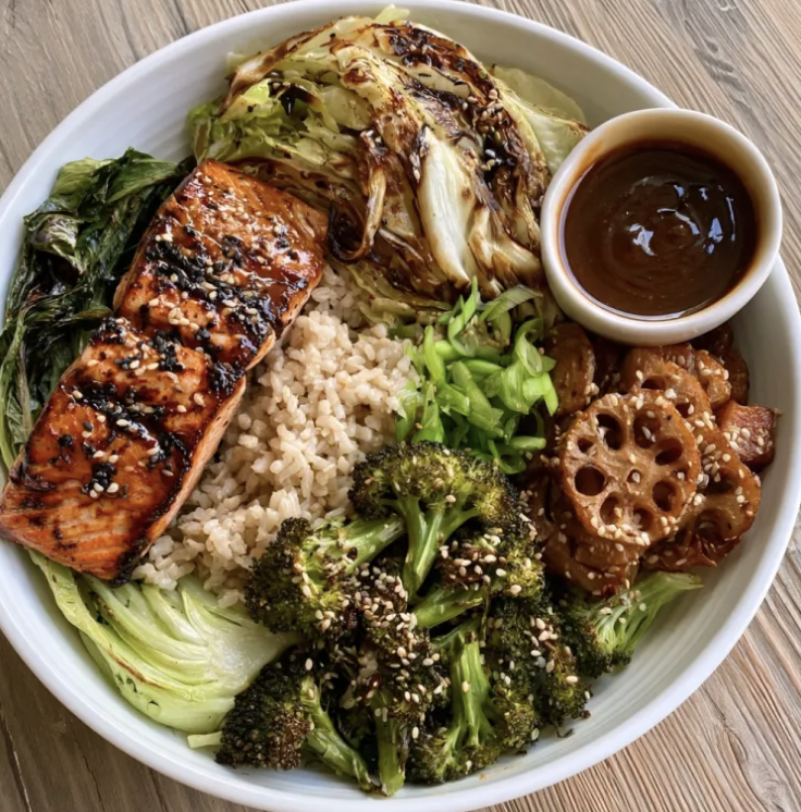 Tokyo Omega Bowl with Ginger Sesame Salmon, Brown Rice, Bok Choy, Sesame Roasted Broccoli, Napa Cabbage, Lotus Root, Scallion, Sesame Seed, Miso Ginger Glaze