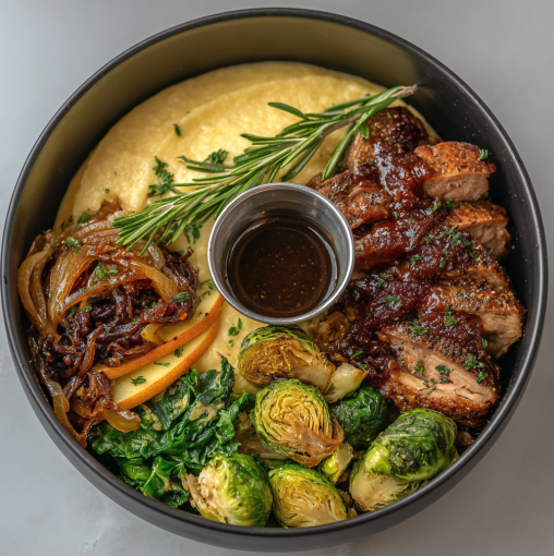 For Pros: Rosemary Renewal Bowl with Balsamic Rosemary Pork Tenderloin, Creamy Polenta, Sage Apple, Yellow Onion, Spinach, Brussels Sprouts, Crispy Sage, Balsamic Rosemary Dressing