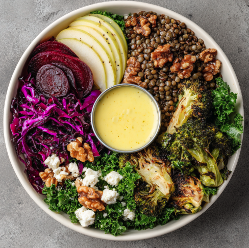 Circulation Boost Bowl with Lentils, Buckwheat, Beets, Fennel, Red Cabbage, Roasted Broccoli, Kale, Roasted Green Apple, Parsley, Walnuts, Goat Cheese, and a Citrus Glow Vinaigrette