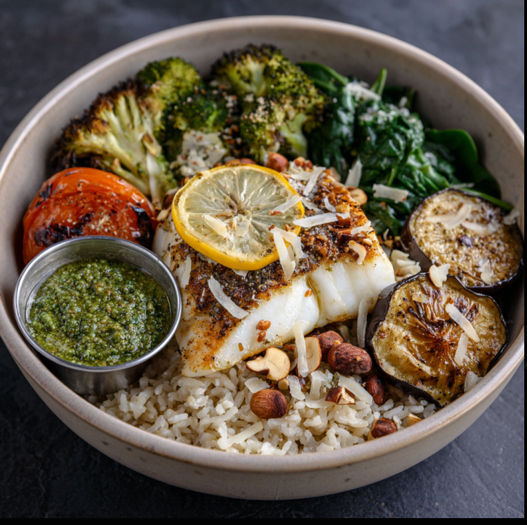For Pros: Hazelnut Glow Bowl with Pesto Barramundi, Brown Rice, Roasted Broccoli, Eggplant, Spinach, Roasted Tomatoes, Hazelnuts, Lemon Wedge, Parmesan, Hazelnut Green Pesto Sauce