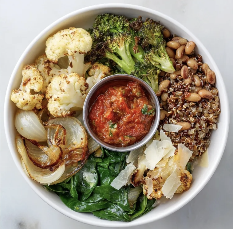 Tuscan Protein Bowl with Marry Me Beans, Teff, Broccoli, Cauliflower, Spinach, Sautéed Shallots, Basil, Parmesan, Tuscan Sun-Dried Tomato Sauce