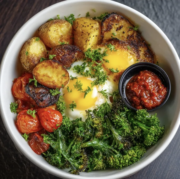 Sunrise Nourish Bowl with Baked Eggs, Lemony Roasted Potatoes, Roasted Broccoli, Roasted Tomatoes, Steamed Kale, Parsley, Roasted Tomato Chutney