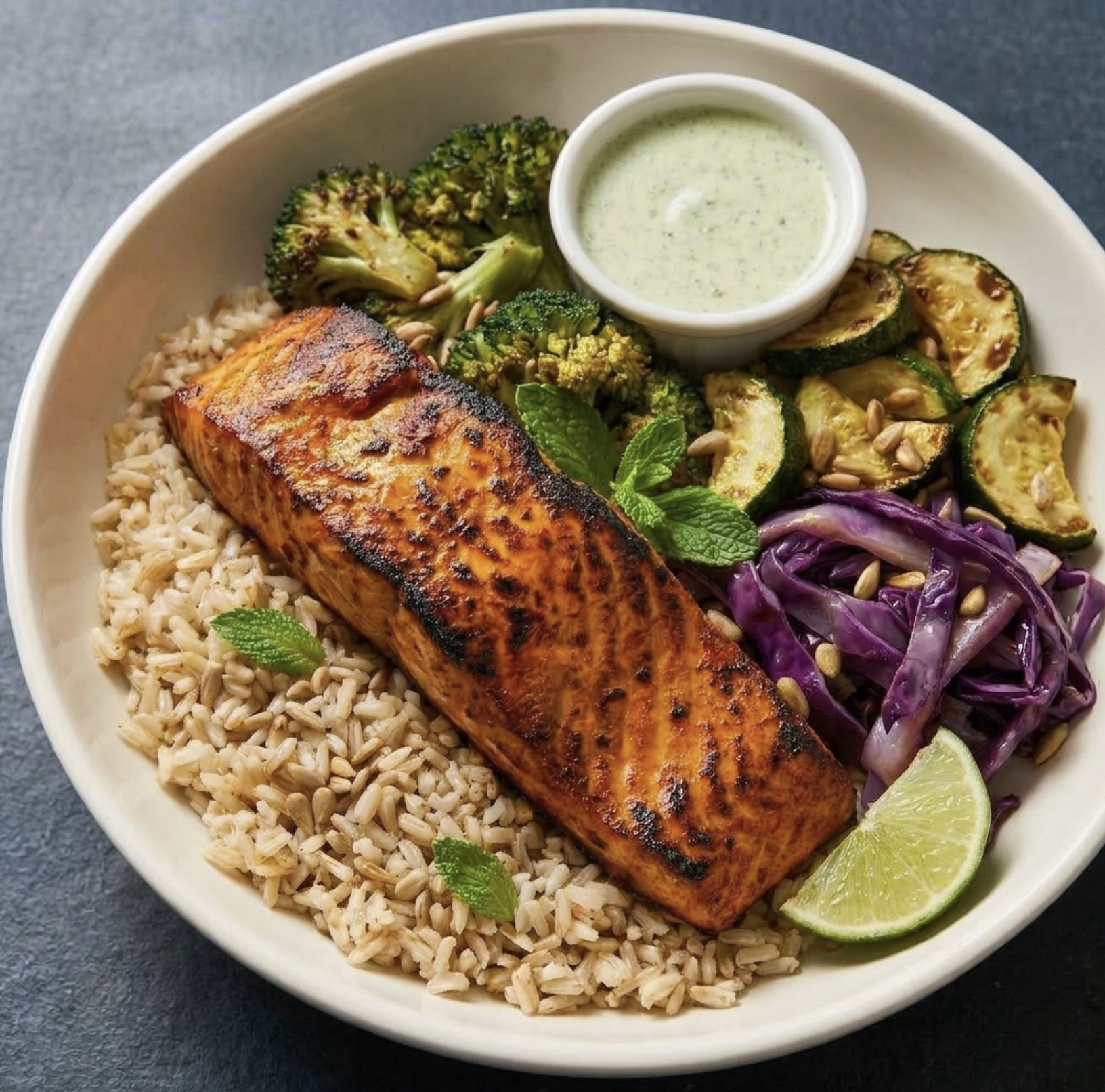 For Pros: Anti-inflammatory Omega Bowl with Tandoori Salmon, Brown Rice, Broccoli, Zucchini, Braised Red Cabbage, Mint, Sunflower Seeds, Lime, Mint Coconut Chutney