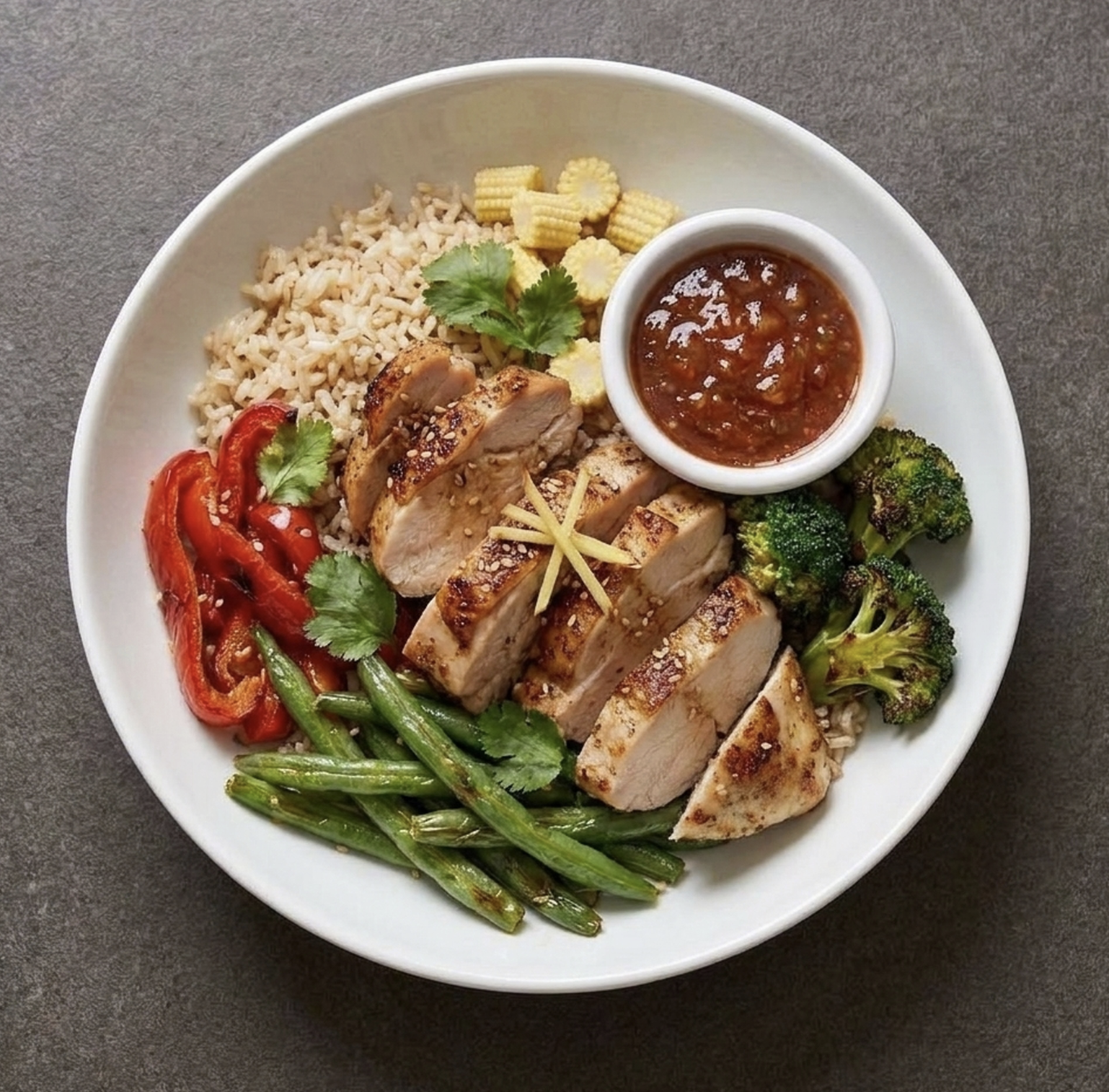 Stir Fry Bowl with Five Spice Chicken, Brown Rice, Roasted Red Peppers, String Beans, Broccoli, Baby Corn, Cilantro, Ginger, Sesame Seeds, Plum Ginger Sauce