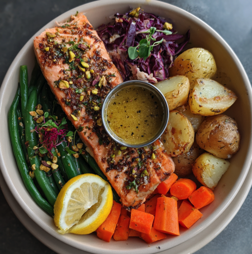 For Pros: Omega Glow Bowl with Rosemary Salmon, Roasted Potatoes, Green Beans, Steamed Carrot, Cabbage, Pistachio, Sorel Microgreens, Lemon Wedge, Lemon Herb Mustard