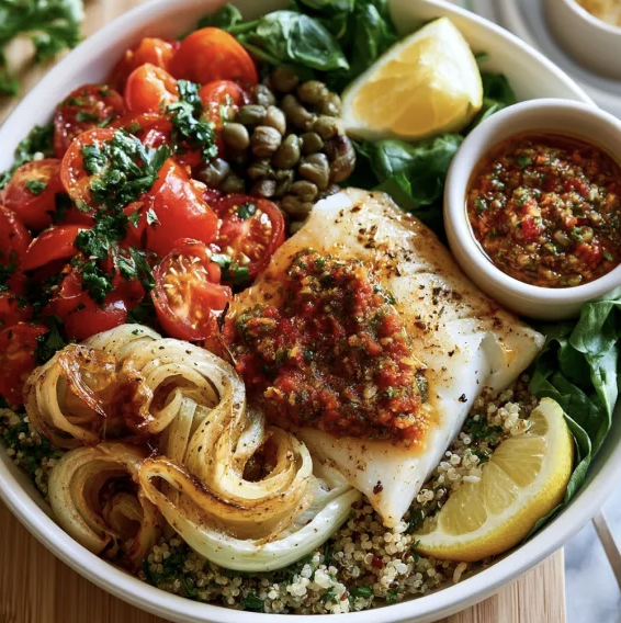 For Pros: Mediterranean Glow Bowl with Provencal Cod, Herbed Quinoa, Tomatoes, Caramelized Onions, Fennel, Spinach, Capers, Parsley, Lemon Wedge, Provençal Sauce