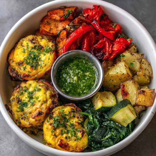 For Pros: Green Energy Bowl with Baked Egg Bites, Roasted Herb Potatoes, Steamed Spinach, Roasted Red Pepper, Steamed  Zucchini, Parsley, Cheddar, Green Salsa Verde