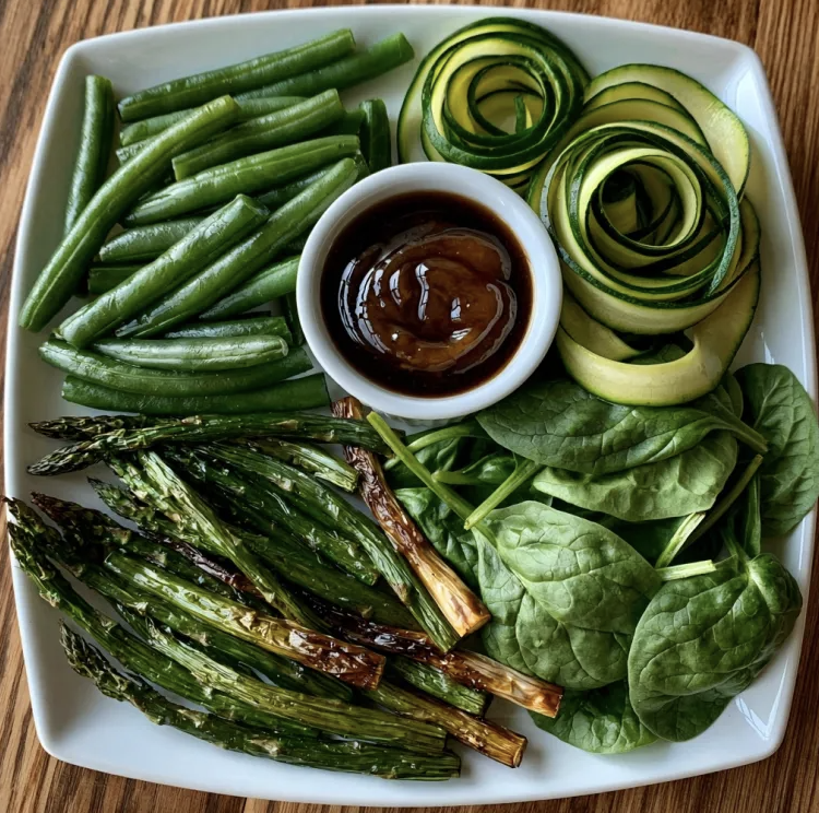 For Pros: Square Fare Plate of Steamed Green Beans, Zucchini Ribbons, Roasted Asparagus, Fresh Spinach, Peach Balsamic Vinaigrette