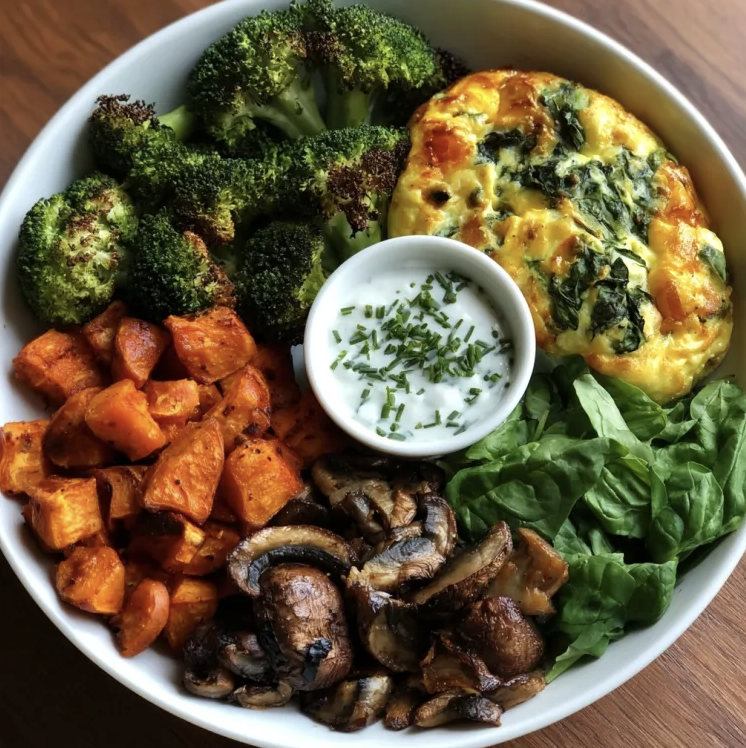 For Pros: Harvest Breakfast Bowl with Tomato and Basil Egg Bake, Roasted Sweet Potatoes, Roasted Broccoli, Roasted Mushrooms, Spinach, Fresh Basil, Smoky Scallion Yogurt Sauce