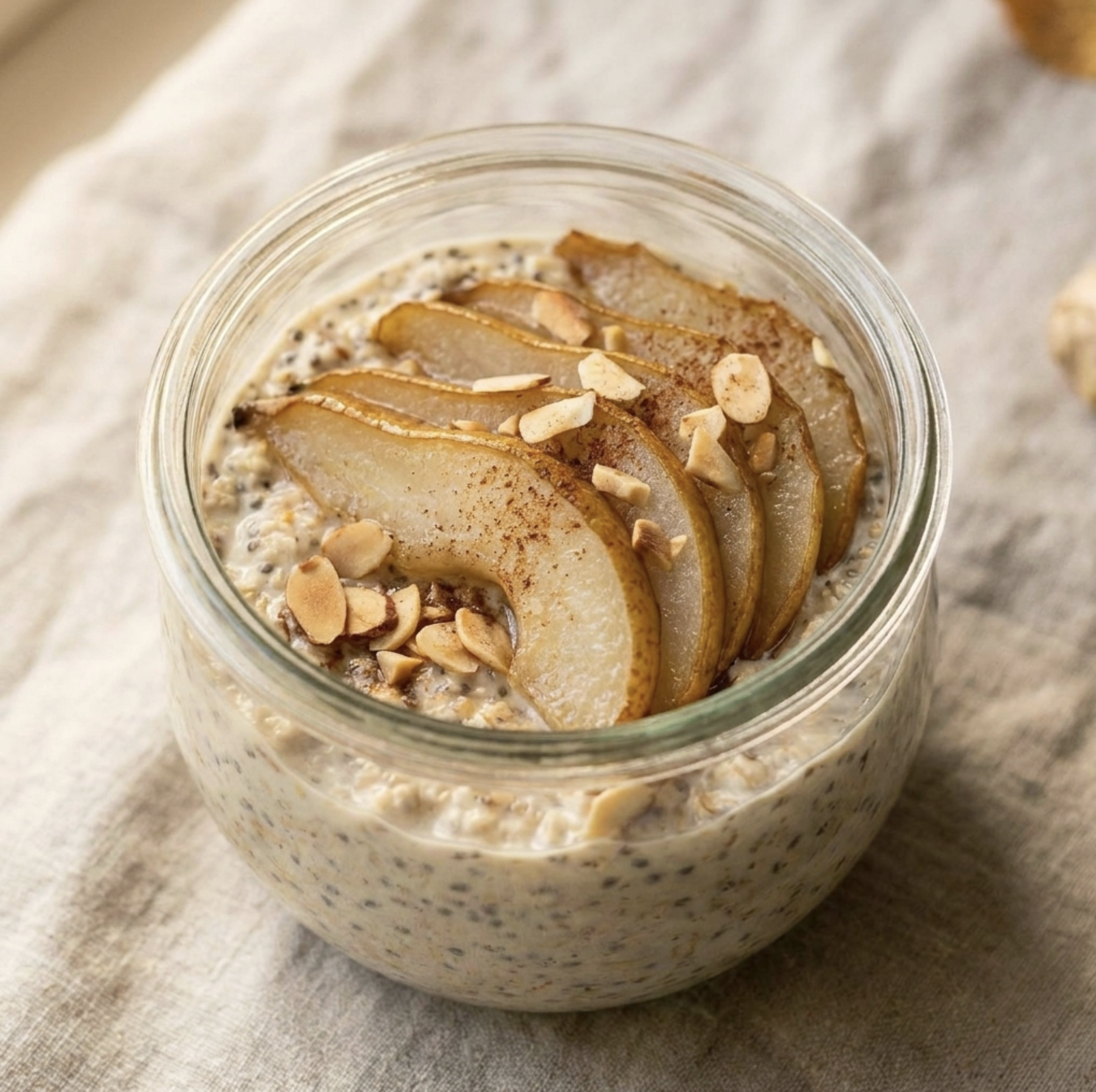 Pear Ginger Overnight Oats with Roasted Pear, Fresh Ginger, Chia Seeds, Cinnamon, Vanilla, Toasted Almonds