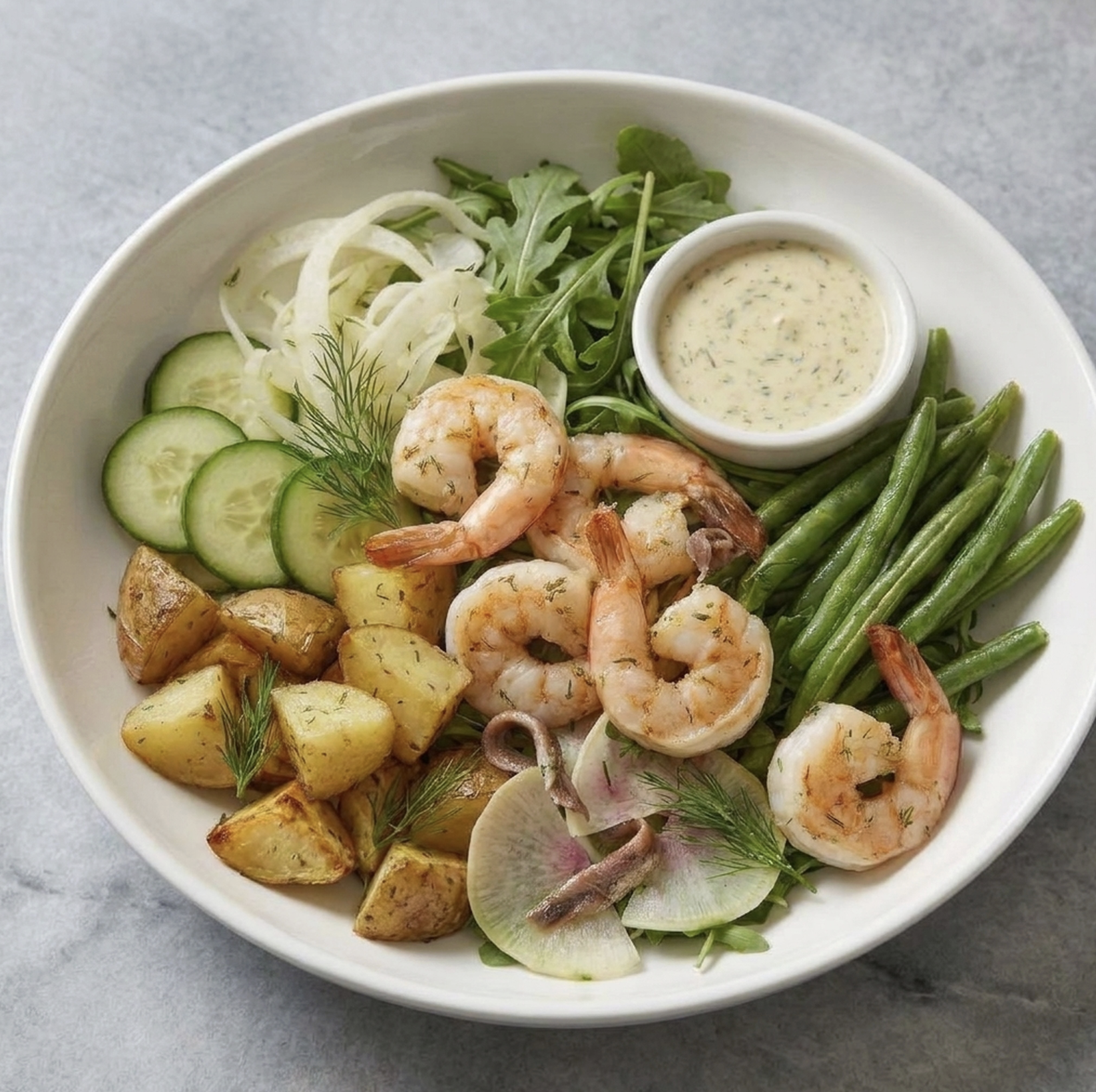 For Pros: Nordic Salad Bowl with Dill Herb Shrimp, Herb Roasted Yukon Potatoes, Cucumber, Fennel, Green Beans, Arugula, Dill, Watermelon Radish, Anchovies, Creamy Dill Mustard Sauce