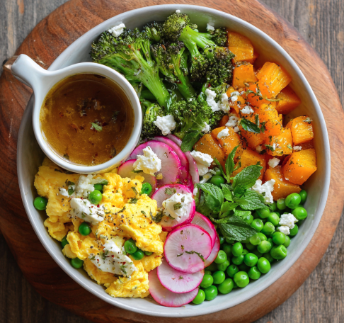 For Students: Autumn Breakfast Bowl with Scrambled Eggs with Greens, Peas, Feta, Mint, Broccoli, Radishes, Butternut Squash and a Sherry Vinaigrette