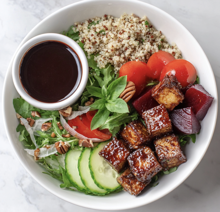 For Pros: Garden Berry Bowl with Balsamic Tofu, Quinoa, Beets, Cucumber, Cherry tomato, Shaved Fennel, Arugula, Fresh Basil, Pecan, Balsamic Berry Sauce