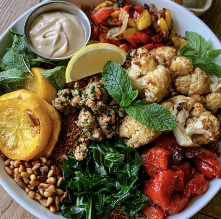 For Pros: Golden Tahini Bowl with Herbed Ground Turkey, Amaranth, Yellow Squash, Mushrooms, Braised Collard Greens, Mint, Lemon, Toasted Pine Nuts, Tahini Sauce