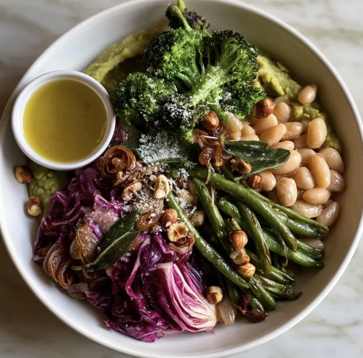 For Pros: Tuscan Nourish Bowl with Braised White Beans, Split Pea Purée, Broccoli, Sautéed Green Beans, Radicchio, Shallots, Sage, Hazelnuts, Hazelnut EVOO, Parmigiano, Tarragon Apple Vinaigrette