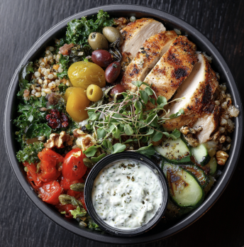For Pros: Greek Harvest Bowl with Oregano Citrus Turkey with Buckwheat, Roasted Tomato, Cucumber, Kale, Caramelized onion, Walnut, Green Olives, Microgreens, Whipped Feta Sauce