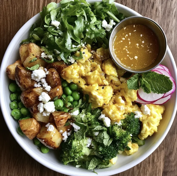 For Pros: Spring Breakfast Bowl with Scrambled Eggs, Roasted Potato, Peas, Broccoli, Arugula, Feta, Mint, Radishes, Sherry Vinaigrette