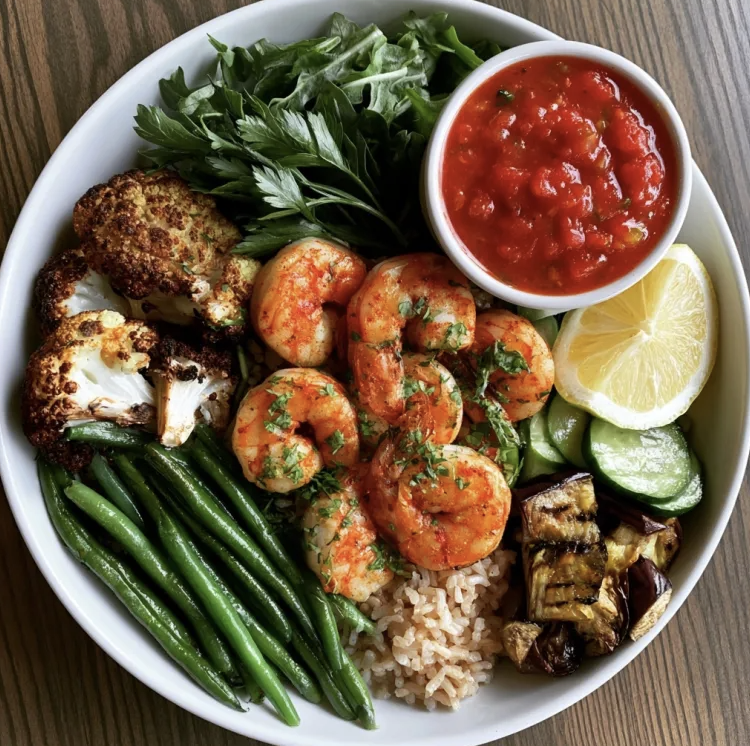 Spanish Gazpacho Bowl with Citrus Paprika Shrimp, Brown Rice, Roasted Smoky Cauliflower, Green Beans, Eggplant, Cucumber, Arugula, Parsley, Lemon, Heirloom Tomato Gazpacho
