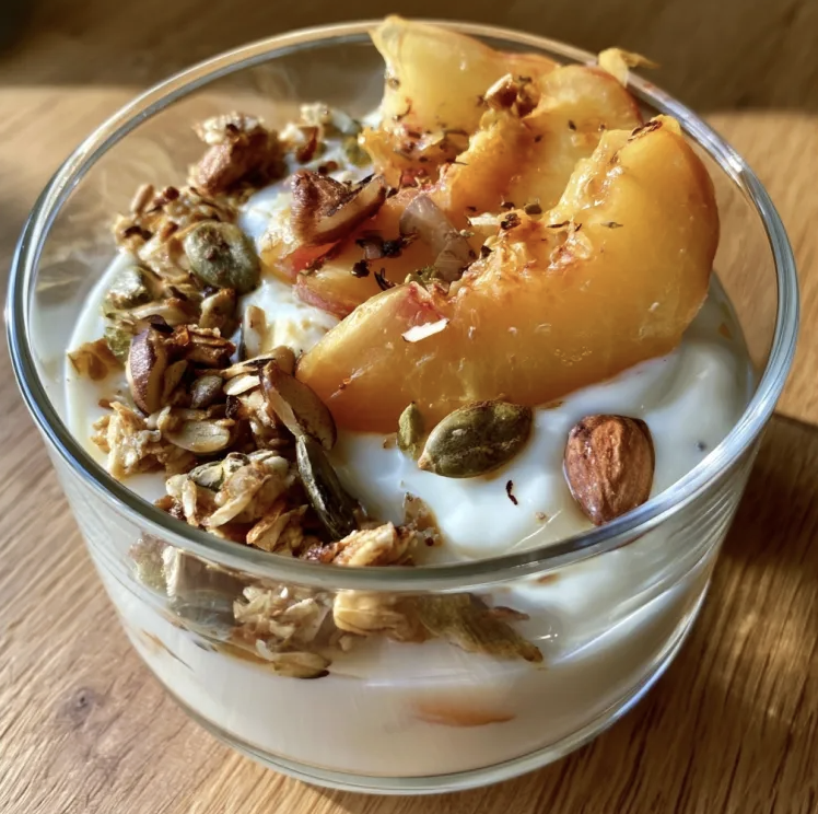 Nectarine Cardamom Yogurt Parfait with Fresh Nectarine, Cardamom, Toasted Almonds, Pumpkin Seeds and Homemade Müesli