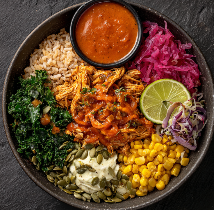 For Pros: Smoky Metabolism Power Bowl with Shredded Chicken Tinga, Brown Rice, Kale, Peppers, Corn, Cabbage Slaw, Pickled Onion, Lime Wedge, Pumpkin Seeds, Smoky Tomato Chipotle Sauce