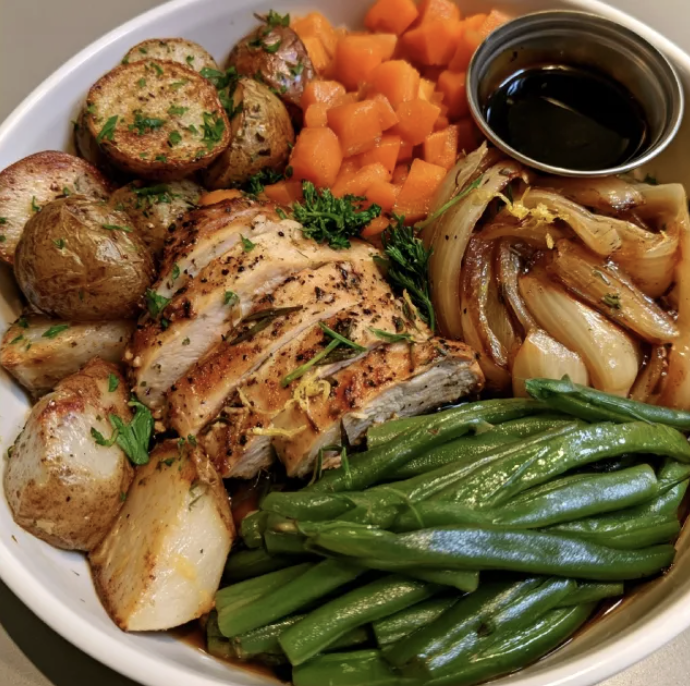 For Pros: Grand Mère Bowl with Rosemary Lemon Chicken, Roasted Potatoes, Carrots, Caramelized Onions, Turnips, Green Beans, Tarragon, Parsley, Lemon Zest, Balsamic Tamari Sauce