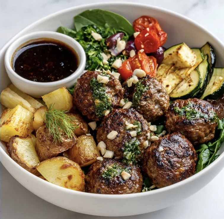 Athens Glow Bowl with Greek Beef Meatballs, Lemon Roasted Potatoes, Zucchini, Eggplant, Tomato, Spinach, Olives, Almonds, Halloumi, Dill, Red Wine Oregano Vinaigrette
