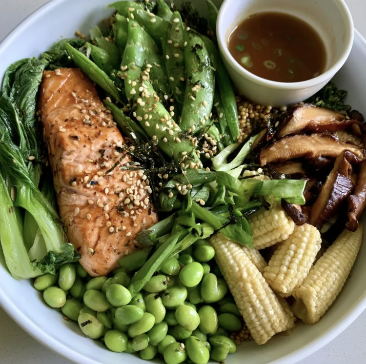 Omega Ponzu Bowl with Ginger Lime Salmon, Amaranth, Bok Choy, Snap Pea, Edamame, Shiitake Mushrooms, Baby Corn, Scallion, Toasted Sesame Seed, Nori, Ginger Ponzu Sauce