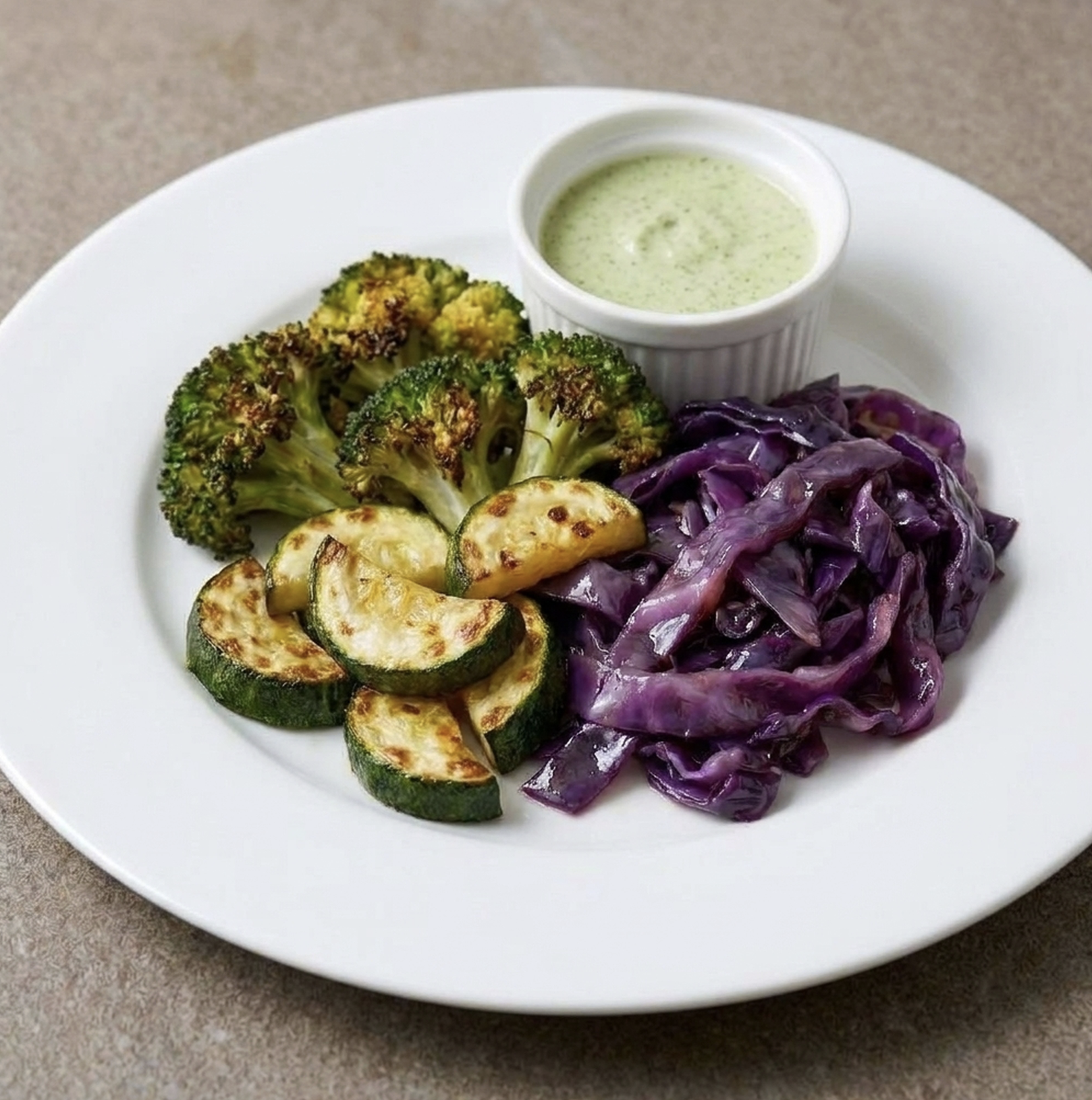 For Pros: Square Fare Plate of Roasted Broccoli, Braised Red Cabbage, Roasted Zucchini, Mint Coconut Chutney