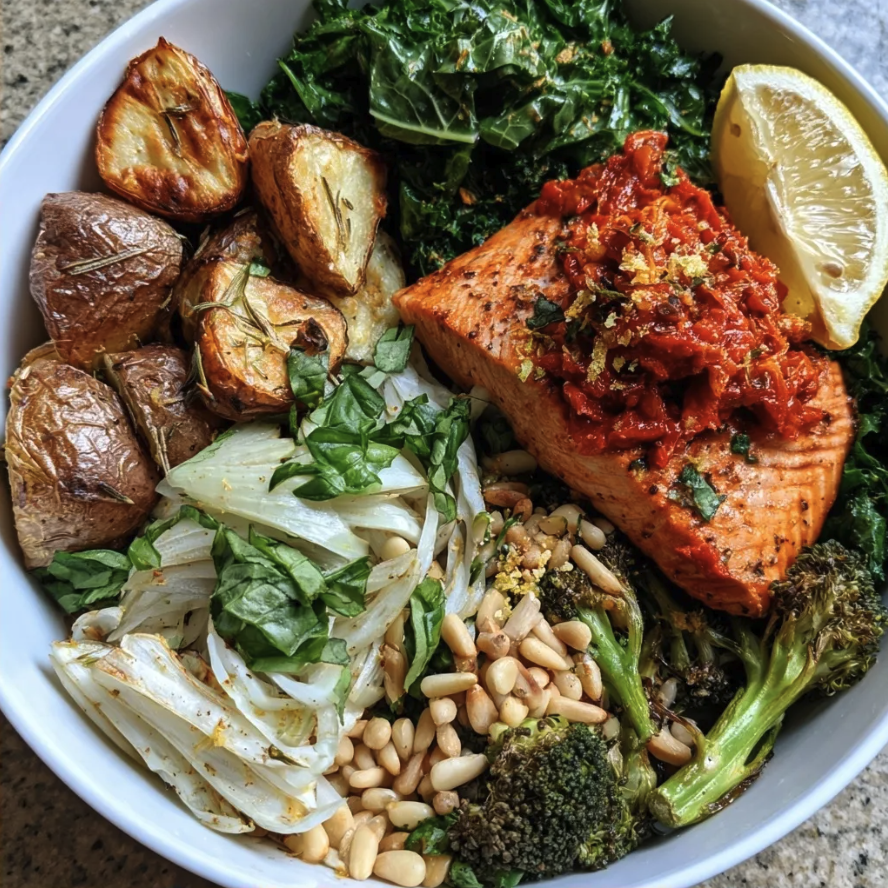 For Pros: Tuscan Omega Bowl with Pesto Rosso Salmon, Rosemary Roasted Potatoes, Kale, Broccoli, Shaved Fennel, Basil, Pine Nuts, Lemon Zest, Pesto Rosso
