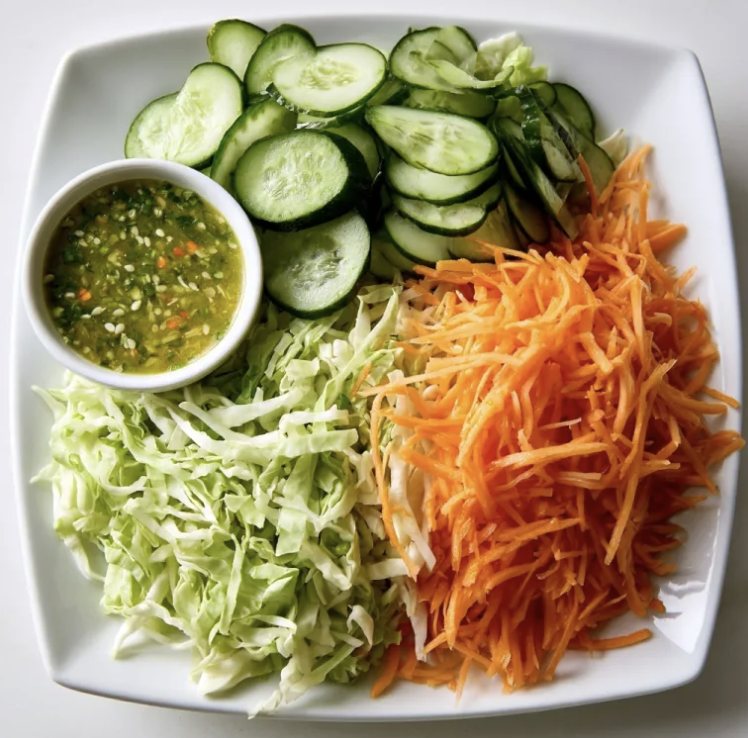 Square Fare Plate of Shredded Napa Cabbage, Shredded Carrots, Thinly Sliced Persian Cucumber, Lemongrass-Ginger Dressing