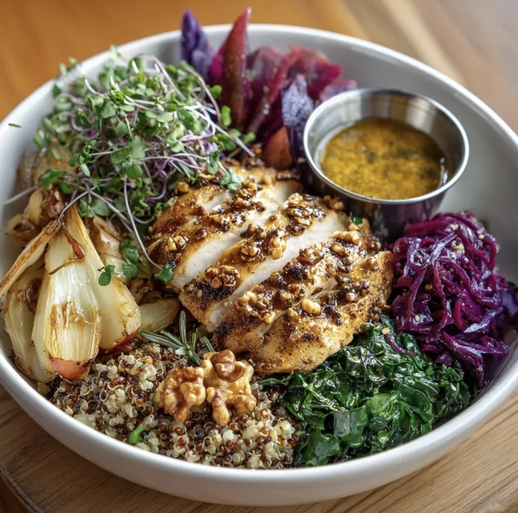Harvest Fig Bowl with Rosemary Chicken, Quinoa, Swiss Chard, Parsnips, Red Cabbage, Caramelized Onions, Walnuts, Microgreens, Rosemary Fig Citrus Drizzle