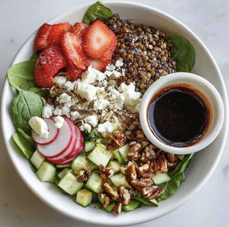Summer Berry Bowl with Oregano Lentils, Quinoa, Shaved Fennel, Strawberries, Zucchini, Spinach, Radish, Crumbled Feta, Pecans, Basil, Balsamic Berry Sauce