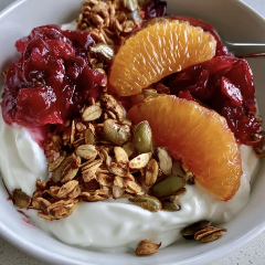 Cranberry Orange Parfait with Greek Yogurt, Homemade Muesli, Cranberry-Orange Compote, Toasted Pumpkin Seeds