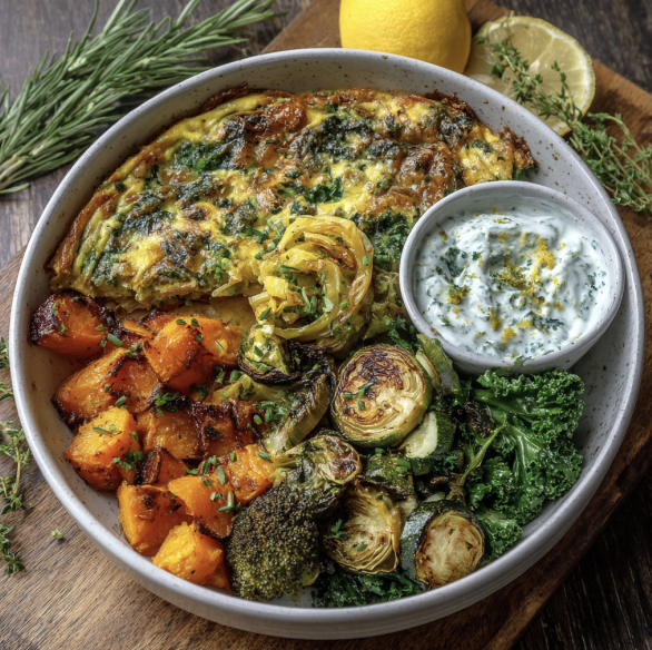 For Pros: Garden Frittata Bowl with Kale Frittata, Roasted Butternut Squash, Kale, Roasted Broccoli, Roasted Zucchini, Chives, Lemon Zest, Chive Tzatziki Sauce