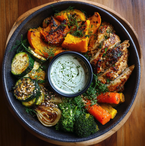 For Pros: Desert Detox Bowl with Harissa-Mint Chicken, Roasted Butternut Squash, Zucchini, Caramelized Fennel, Carrot, Broccoli, Mint, Parsley, Sesame Seeds, Spiced Labneh