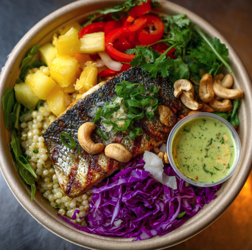 Rio Summer Bowl with Grilled Branzino, Sorghum, Pineapple, Red Cabbage, Sweet Peppers, Arugula, Lime–Cilantro Vinaigrette, Coconut Flakes, Scallions, Cashews