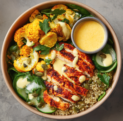 Spiced Strength Bowl with Tandoori  Chicken, Steamed Potato, Turmeric Cauliflower, Zucchini, Steamed Spinach, Fennel, Parsley, Pumpkin Seeds, Paprika Lemon Yogurt Sauce