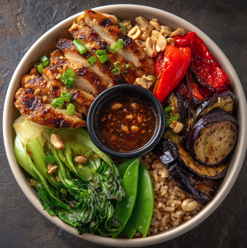 For Pros: Sichuan Bowl with Kung Pao Chicken, Brown Rice, Bok Choy, Roasted Eggplant, Bell Peppers, Snap Peas, Peanuts, Scallion, Kung Pao Sauce