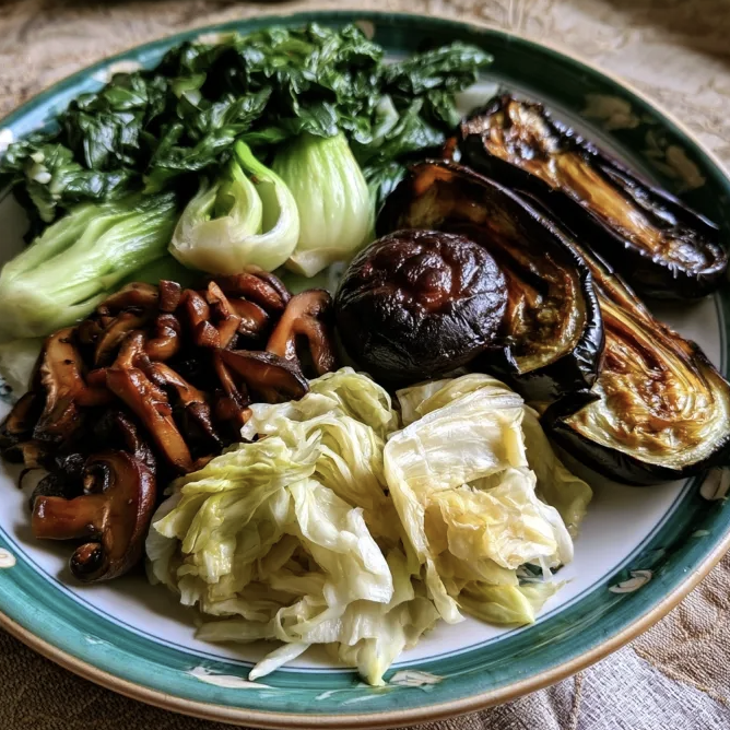 Square Fare Plate of Bok Choy, Napa Cabbage, Shiitake Mushroom, Chinese Eggplant