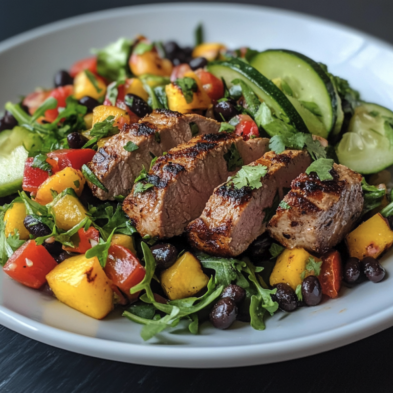 For Orca: Pork Tenderloin with Arugula, Peaches, String Beans, Red Peppers, Cucumber, Zucchini, Black Beans with a Lime Dressing and Cilantro