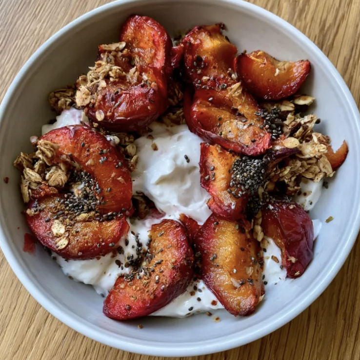 Plum Cardamom Parfait with Greek Yogurt, Homemade Muesli, Roasted Plums, Chia Seeds, Ground Cardamom