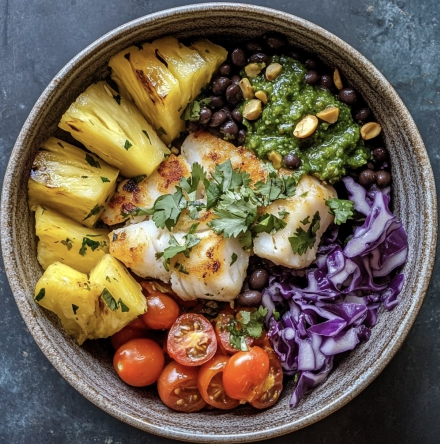 Latin Bowl with Cod, Roasted Pineapple, Cilantro, Pepitas, Black Beans, Roasted Cherry Tomatoes, Red Cabbage, Zucchini and Salsa Verde
