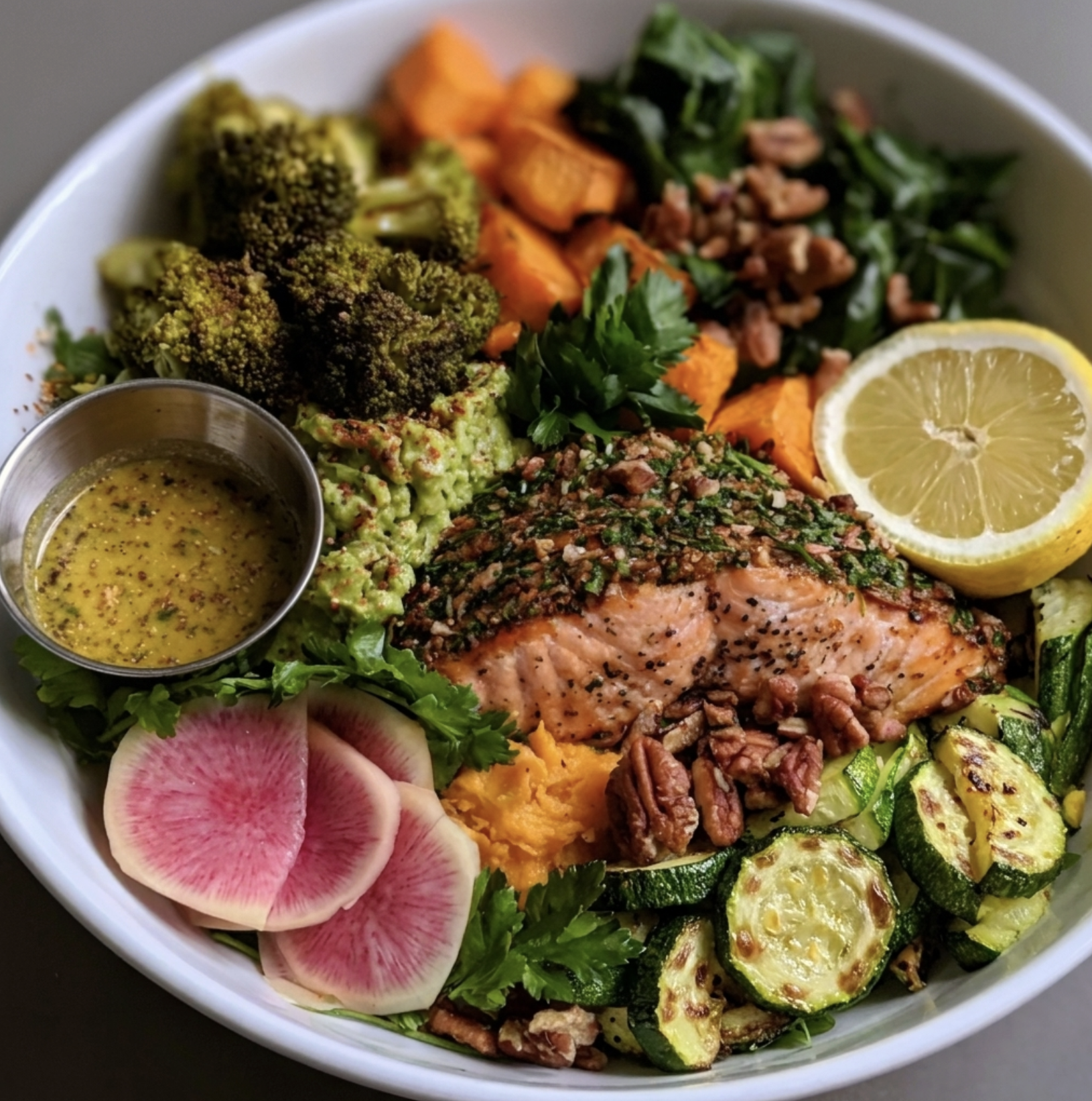 For Pros: Creole Omega Bowl with Pecan Herb Crusted Salmon, Sweet Potato, Creole Broccoli Purée, Collard Greens, Zucchini, Watermelon Radish, Parsley, Pecans, Lemon, Creole Mustard Sauce