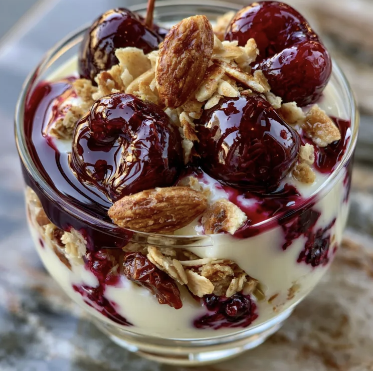 For Pros: Cherry Almond Parfait with Greek Yogurt, Fresh Cherries, Toasted Almonds, Muesli, Lemon Juice, Cherry Drizzle