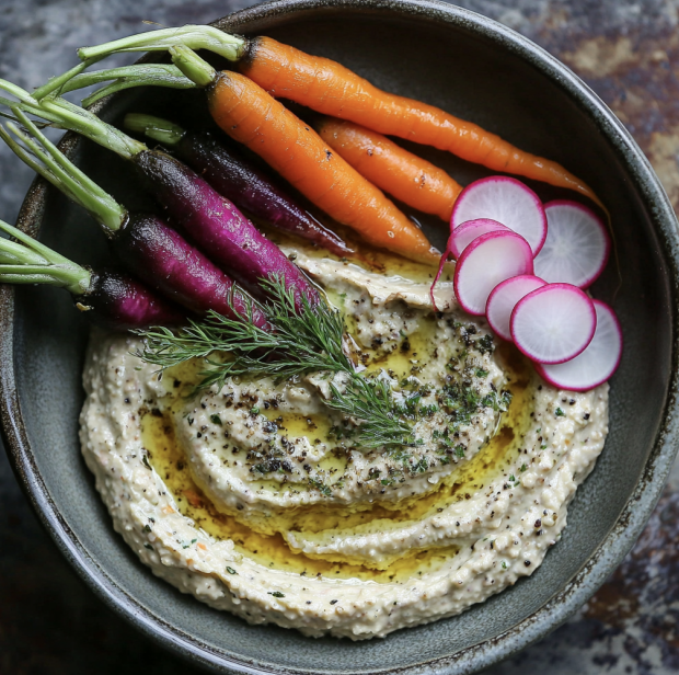 Smoked Eggplant Dip with Heirloom Carrots and Radish